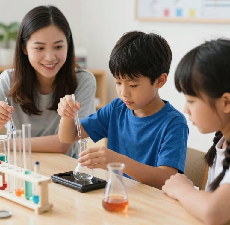 A teacher watching young students conduct a science experiment with test tubes and beakers.