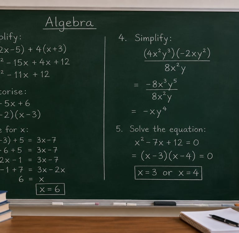 Algebraic equations and math formulas handwritten on a green chalkboard in a classroom.