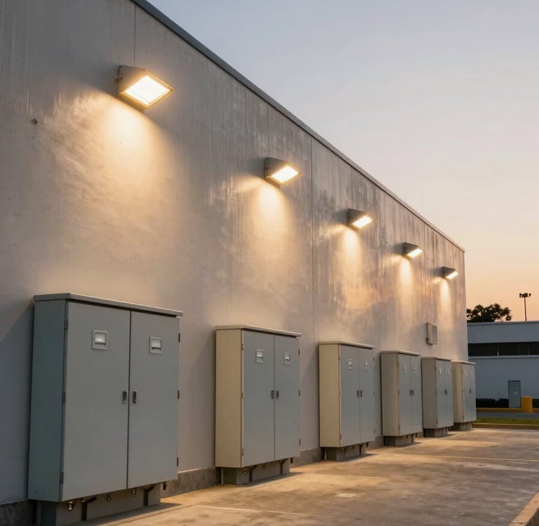 Wide-angle shot of a modern commercial infrastructure in Lima, showcasing perfectly installed outdoor lighting and electrical panels during the golden hour.
