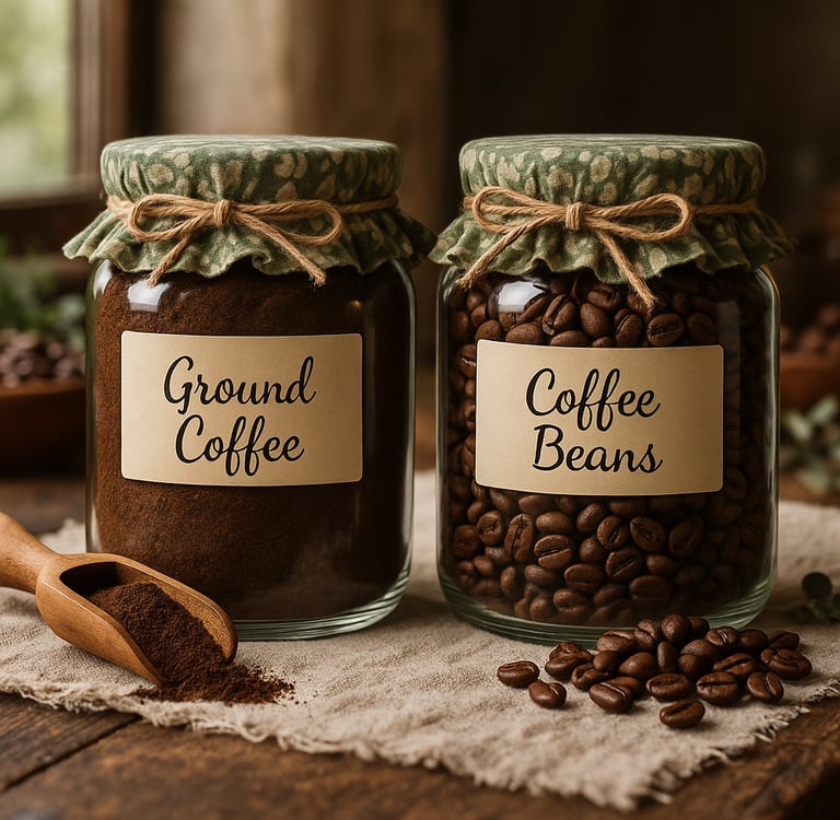 Rustic glass jars filled with ground coffee and dark roasted coffee beans on a wooden table.