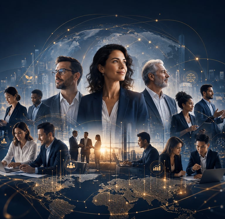 Diverse business professionals collaborating globally with digital network connections and world map overlays.