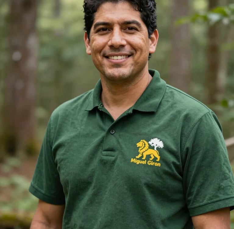A premium portrait of Miguel Giron, a Latino immigrant arborist with a friendly yet professional expression. He is standing outdoors with a backdrop of beautiful South Carolina woodland. He wears professional arborist gear with a visible lion and tree emblem logo. The style is trustworthy and approachable, using a palette of deep greens (#1A2C21, #2F5C3E) and natural light.