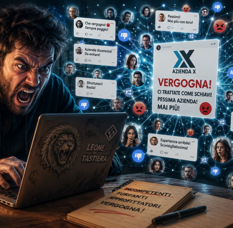 Angry man shouting at a laptop during a viral social media hate campaign against a company.