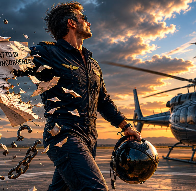 A pilot breaks chains and a non-compete agreement near a helicopter at sunset, symbolizing career freedom.
