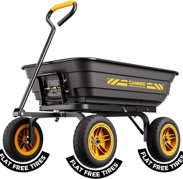 Heavy-duty black garden dump cart with flat-free tires and a pivoting handle for yard work.