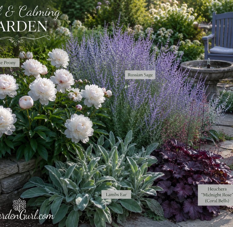 Lush garden landscape featuring white peonies, purple Russian sage, silver lambs ear, and dark heuchera plants.
