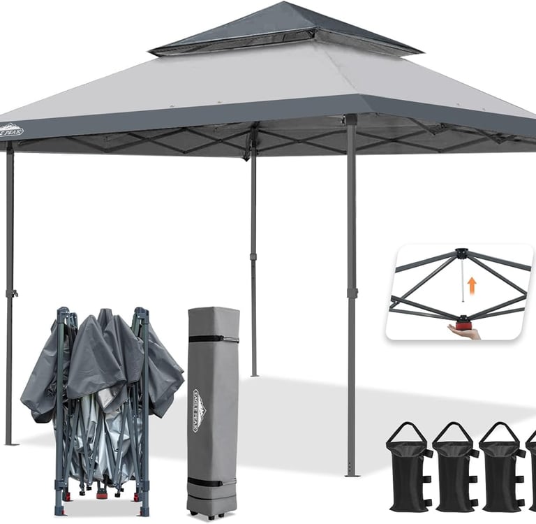 Eagle Peak gray 13x13 pop up canopy tent with vented roof, carry bag, and sandbags for outdoor shade.
