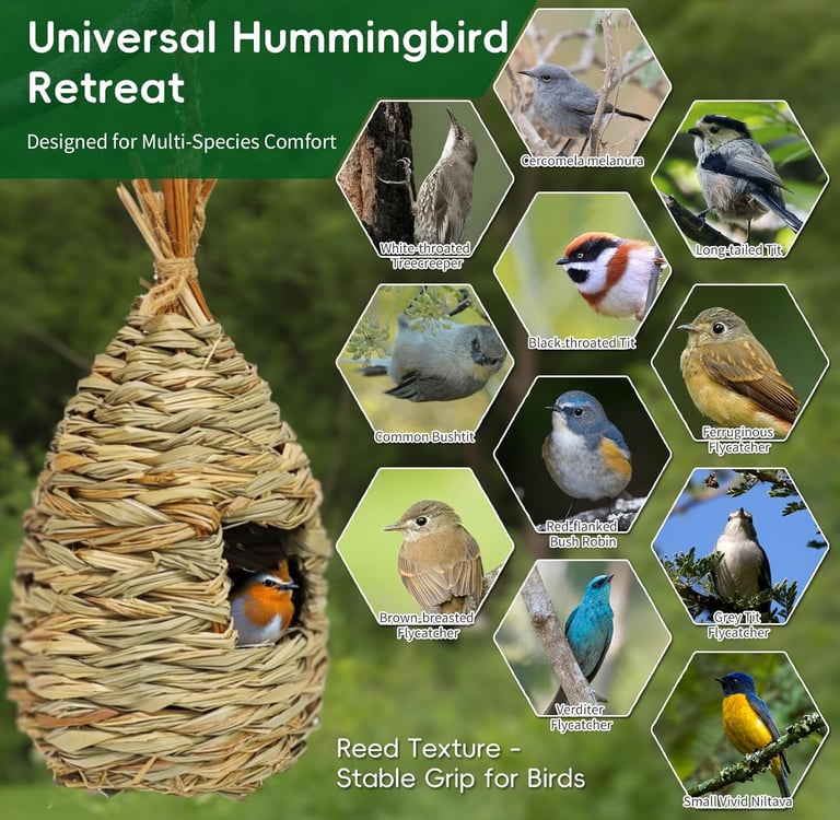 Woven reed hummingbird nesting pocket with photos of compatible wild bird species like flycatchers and tits.