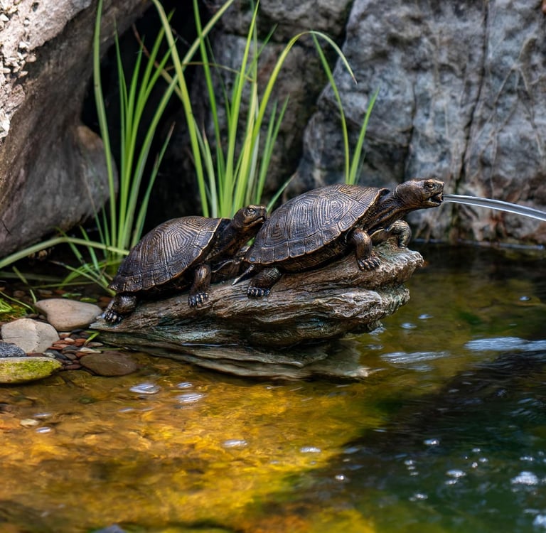 Bronze turtle fountain spitting water into a garden pond with decorative rocks and plants.
