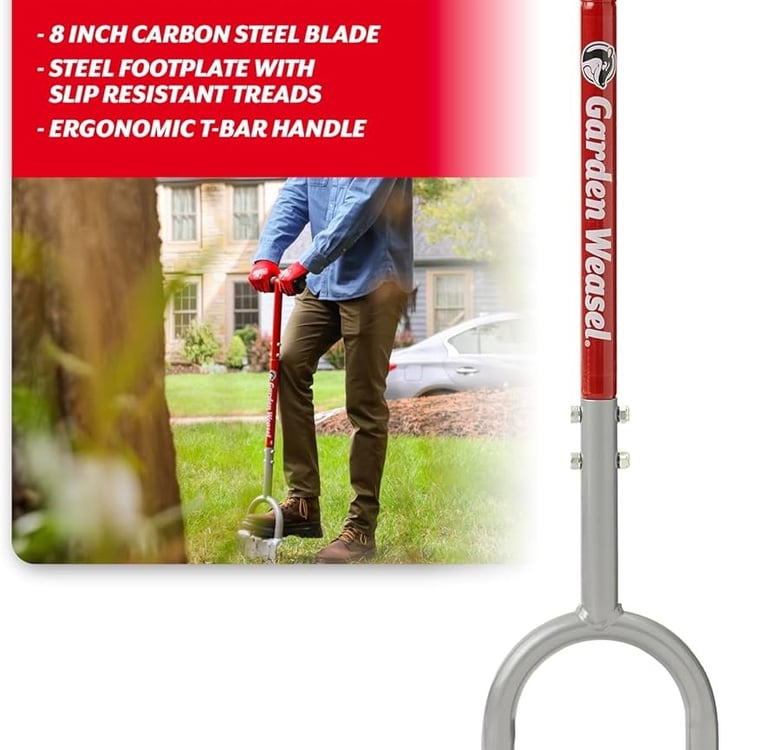 Garden Weasel Edger-Chopper with carbon steel blade and ergonomic T-bar handle for lawn edging.