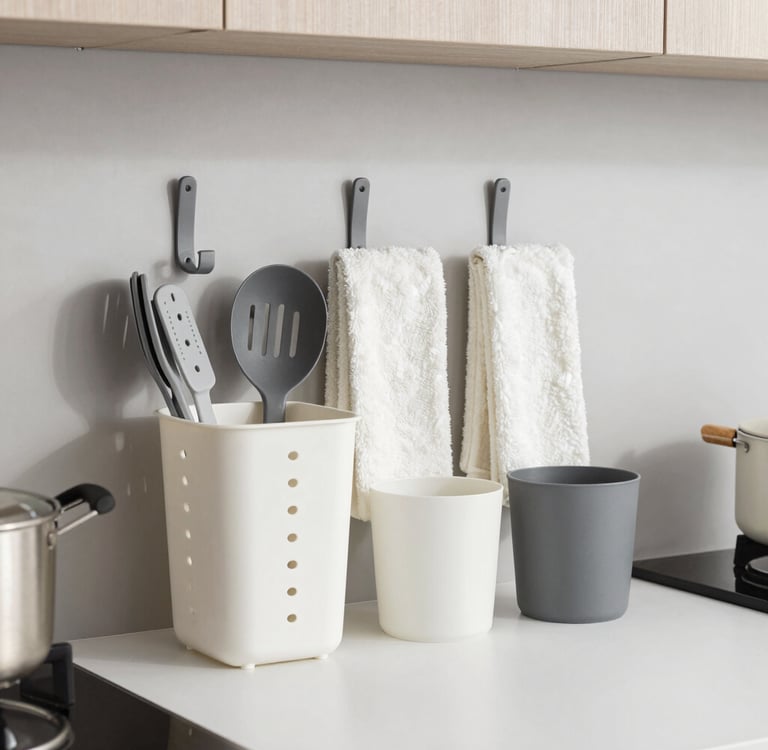Colorful kitchen utensils arranged neatly on a wooden countertop with natural light