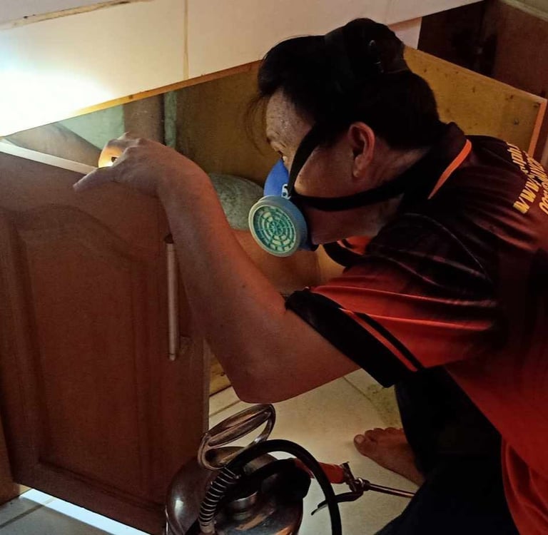 Professional exterminator wearing a respirator mask performing pest control under a kitchen cabinet.