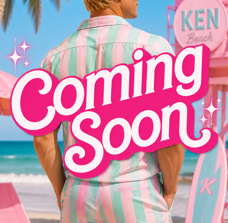 Character in striped beachwear standing on a tropical beach with a Coming Soon movie poster overlay.