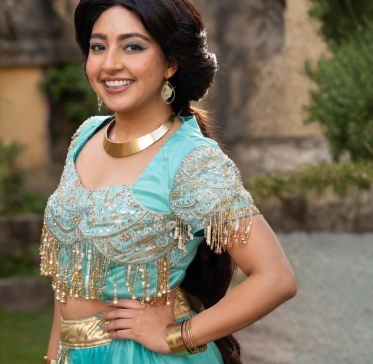 Smiling woman in a turquoise Princess Jasmine cosplay outfit with gold jewelry and beaded embroidery.