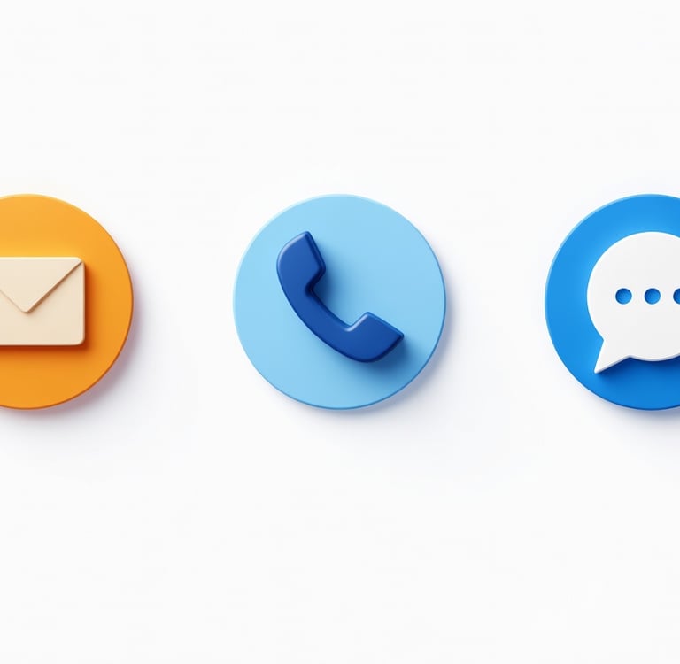 3D contact icons featuring an envelope, phone handset, and chat bubble for support services.