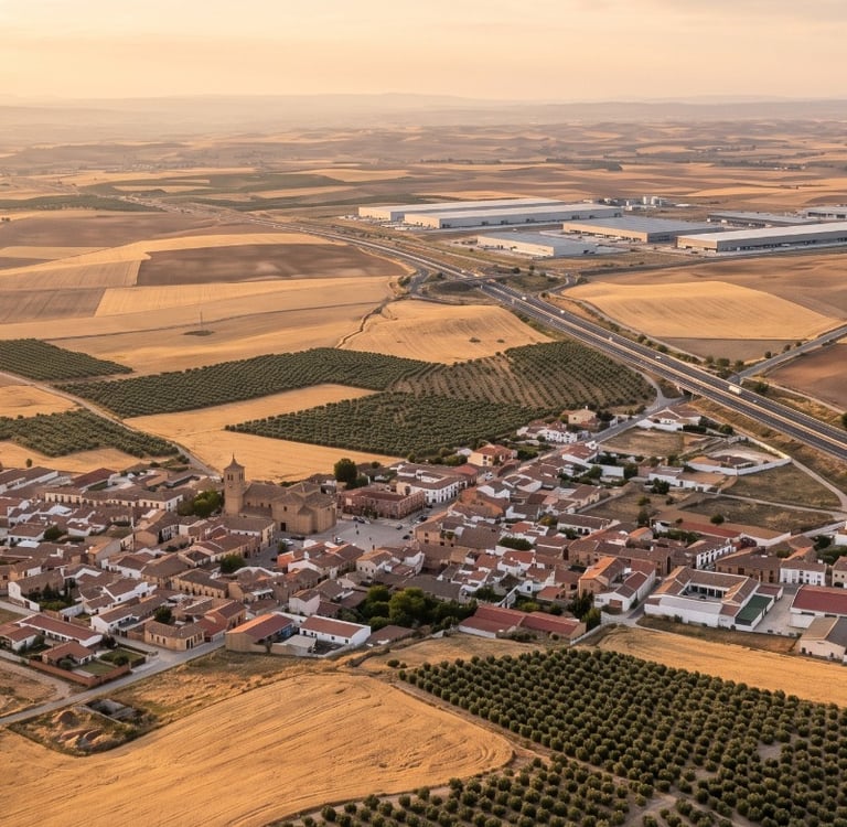 Vista aérea de La Mesa de Ocaña con campos, autovía y desarrollo logístico al fondo