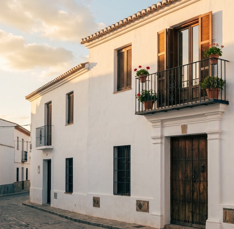 Fachada cuidada de una casa tradicional manchega con las contraventanas cerradas