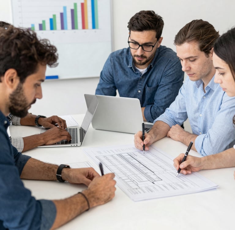 A small team gathered around a table, collaborating with charts and notes.