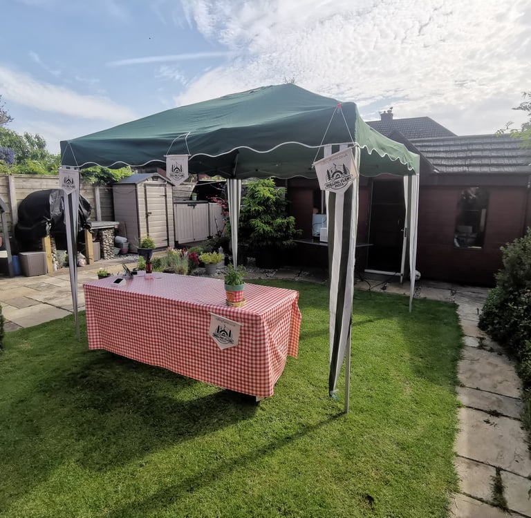 Green garden gazebo canopy and red gingham table set up for an outdoor backyard party on a sunny lawn.