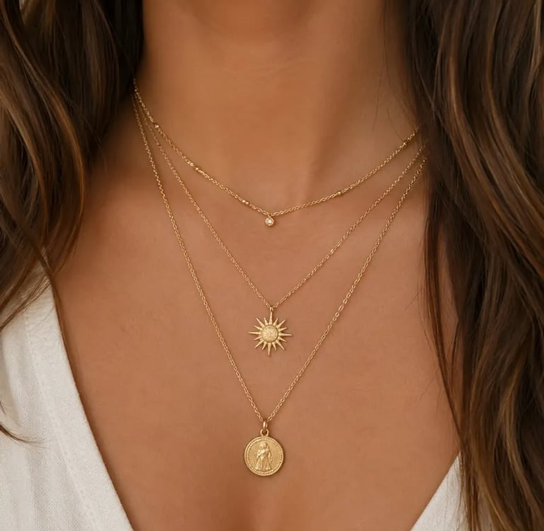 Layered gold necklace set featuring a sunburst pendant and a vintage coin charm on a woman.