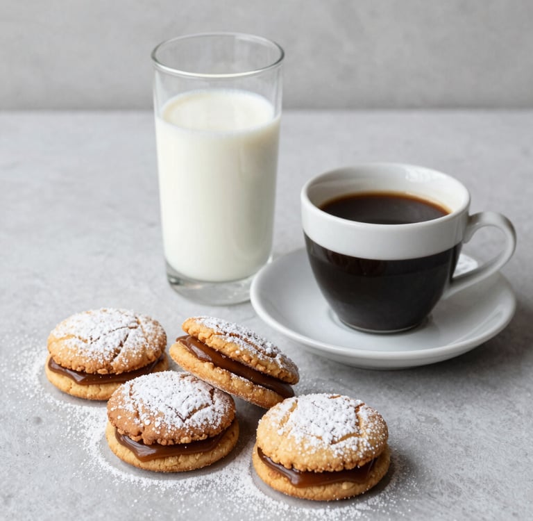 Close-up of a stack of golden alfajores with creamy dulce de leche filling, dusted lightly with powdered sugar.