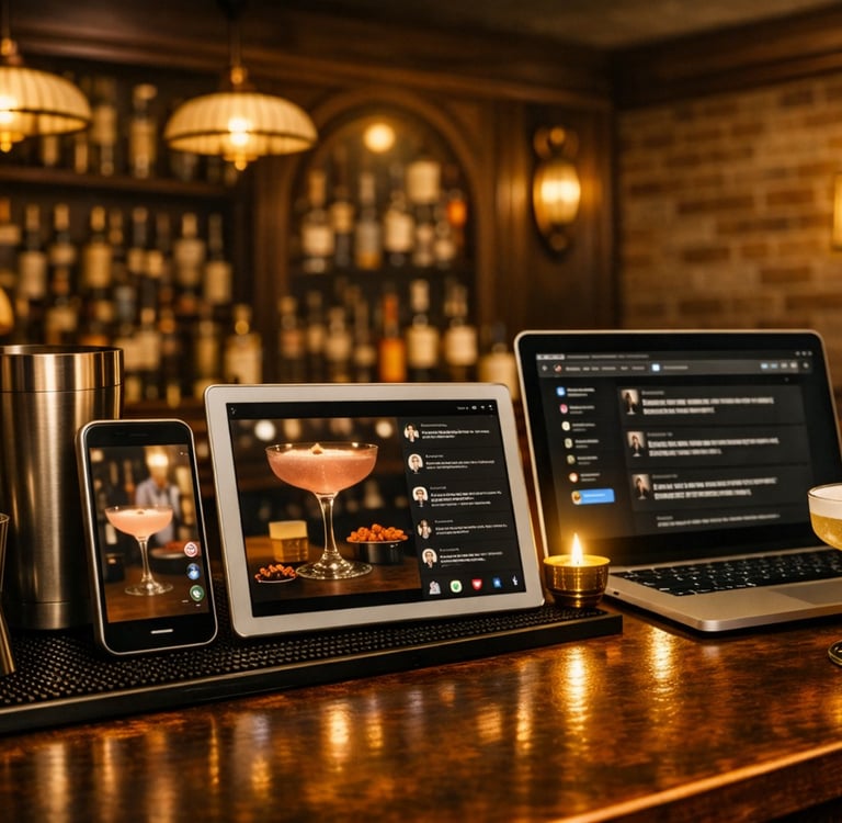 Digital devices showing a virtual cocktail masterclass on a wooden bar with cocktail shakers and a coupe glass.