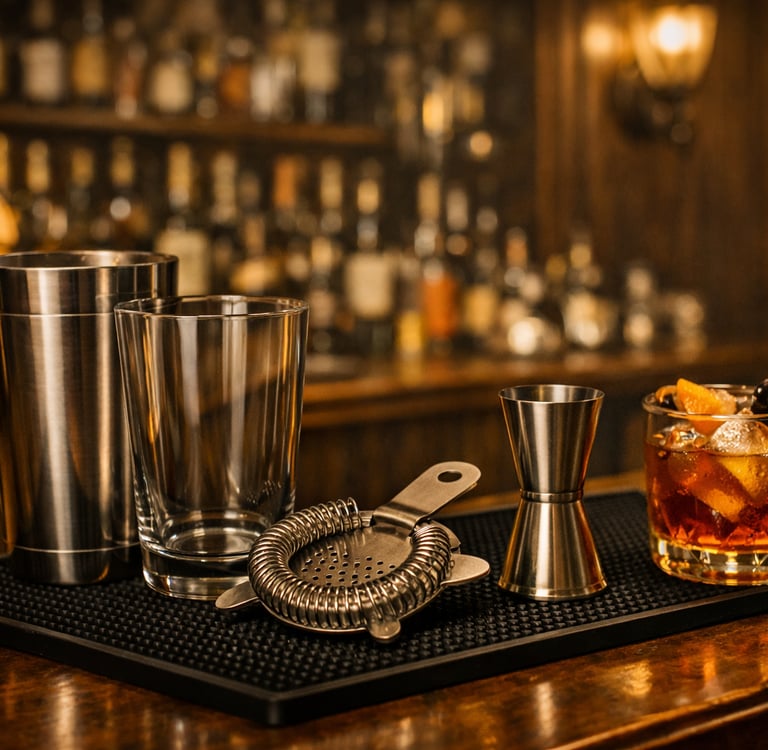 Professional stainless steel cocktail shaker set and an Old Fashioned drink on a dark wood bar top.