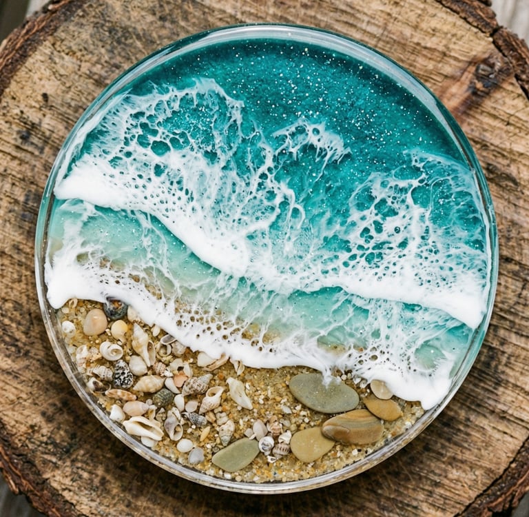 Handcrafted ocean resin art petri dish with turquoise waves and tiny seashells on a wood slice.