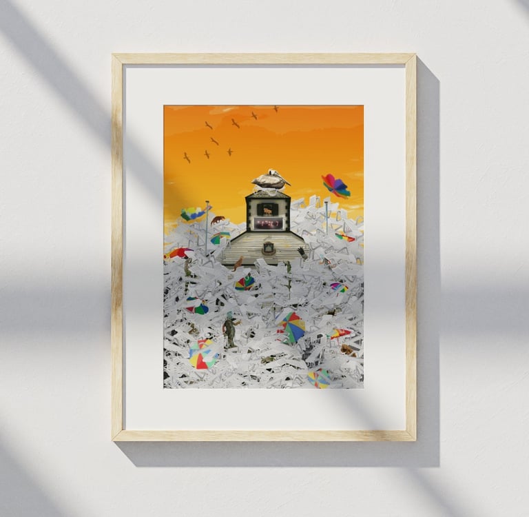 Framed print of St. Maarten Courthouse covered in sunbeds