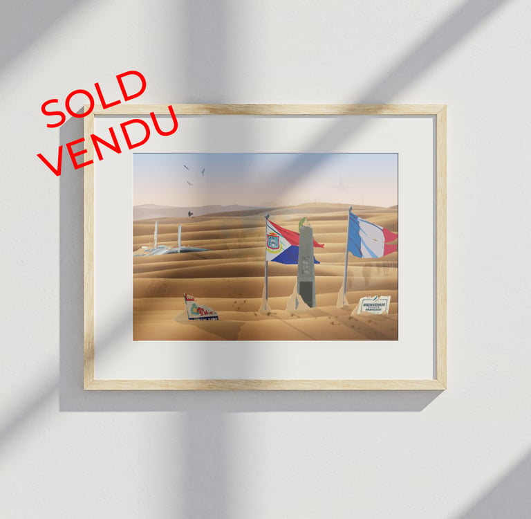 Framed print of a desert scene with SXM border monument