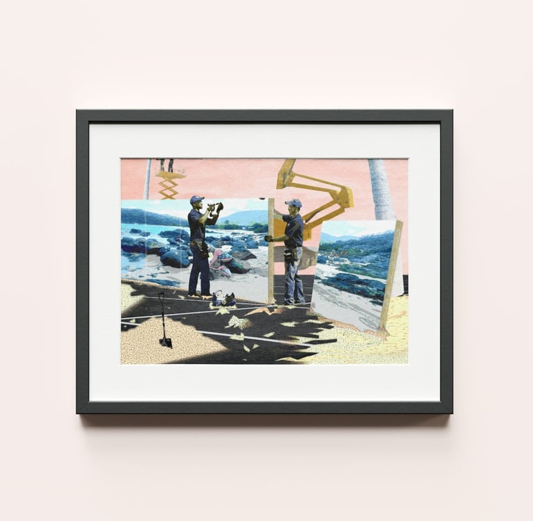Framed artwork showing men installing the beach at Happy Bay