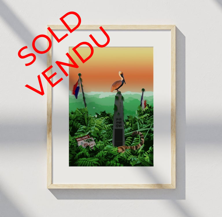 Framed print of a jungle scene with monument and pelican
