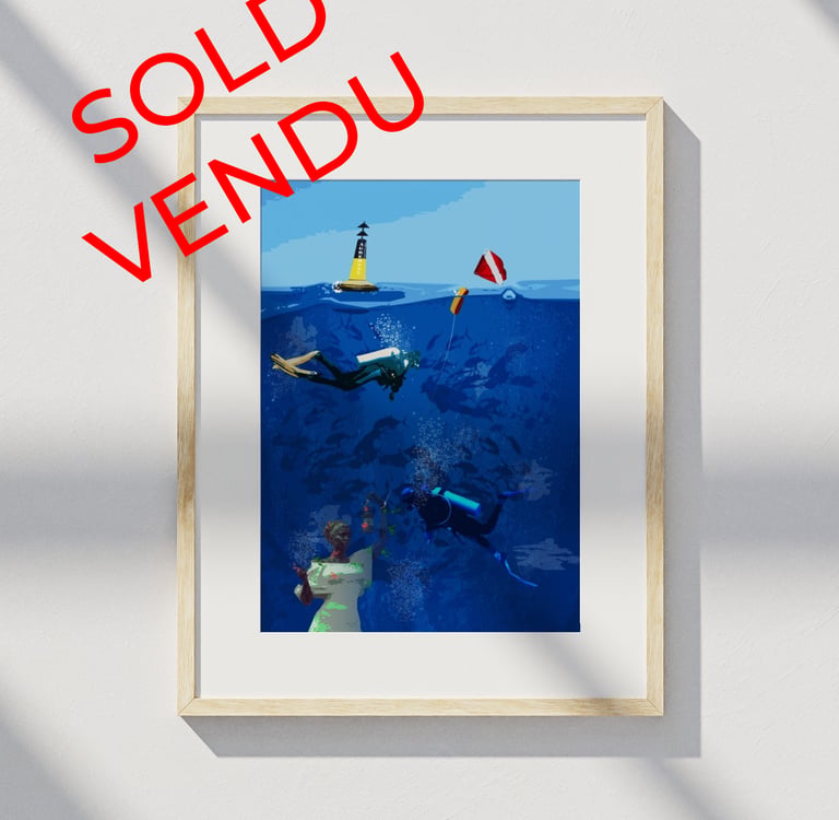 Framed underwater scene with scuba divers and statue