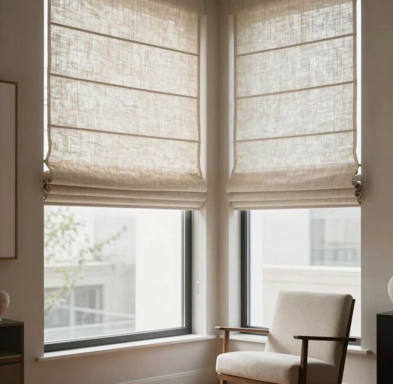 A beautiful window corner featuring high-end Roman shades in a neutral linen. The room is styled as a luxury showroom with polished wood floors and a single designer chair, exuding a high-end interior design brand atmosphere.