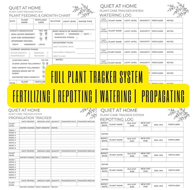 Plant Care Tracker System Bundle from Quiet at Home with printable watering, repotting, propagation