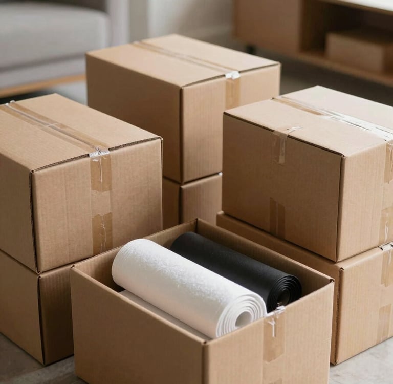 A detailed shot of high-quality packing boxes and professional materials inside a modern South Asian / Indian residential apartment. The scene is organized and clean, conveying efficiency.