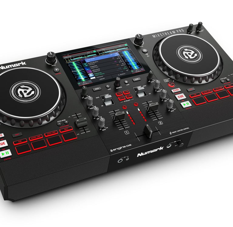 Vista superior del Numark Mixstream Pro, sistema DJ autónomo con pantalla táctil y altavoces integrados