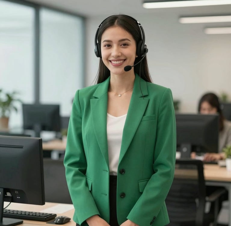 A smiling customer service representative wearing a headset and green blazer in a modern office.