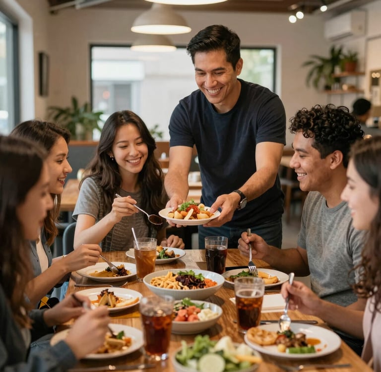 A warm community gathering where migrants share stories and laughter around a table filled with homemade dishes.