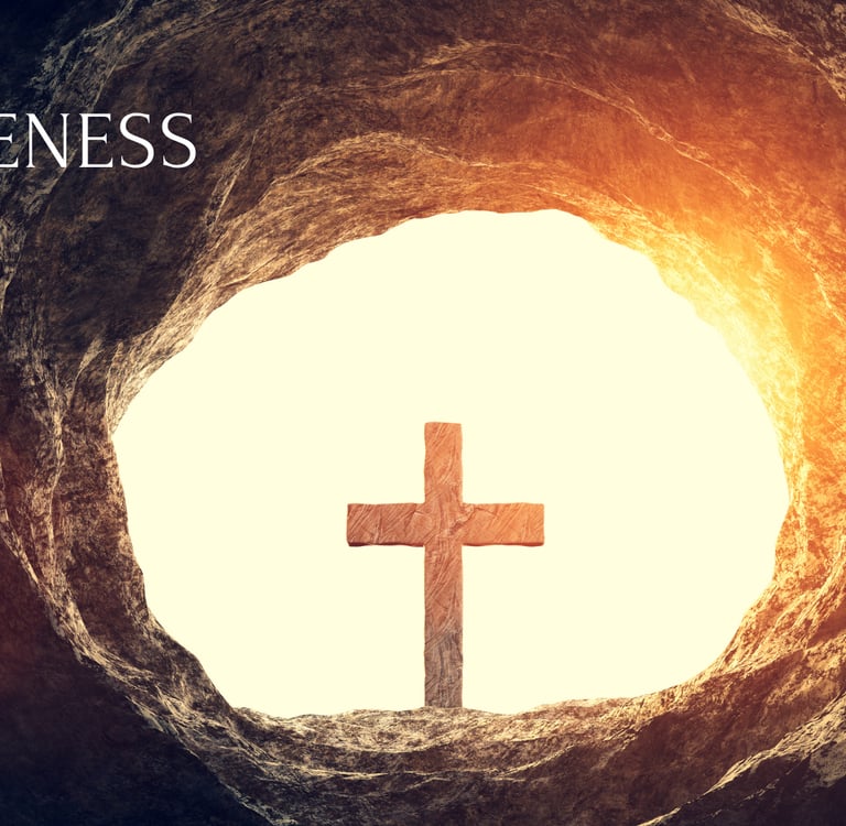 Wooden cross at the end of a tunnel backlit by sunshine with the word forgiveness in the foreground