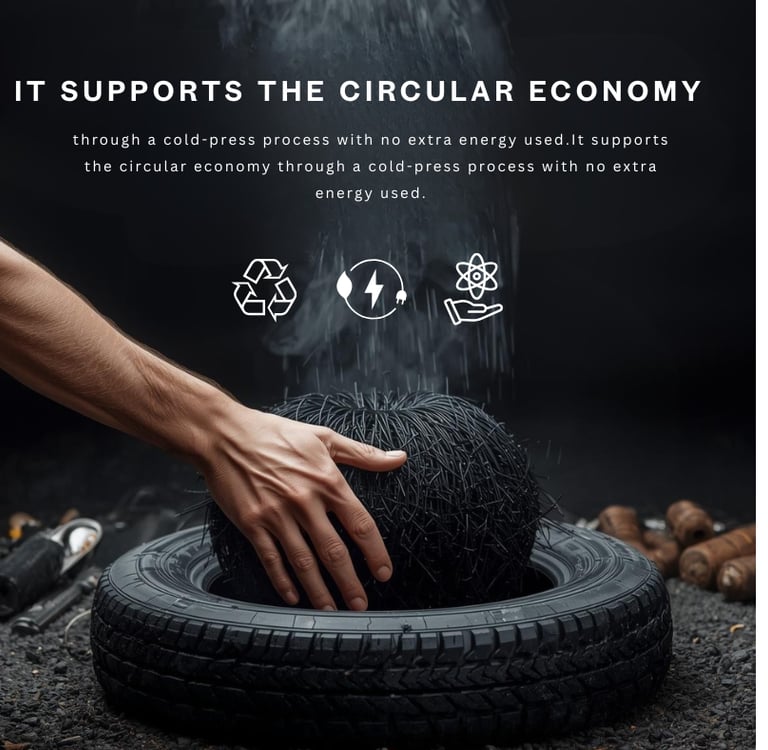 Recycled tire rubber shaped with low-energy cold-pressing, supporting circular, sustainable design. 