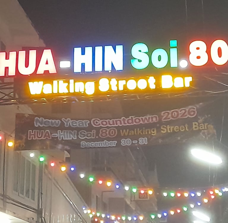 Entrance sign with neon lights for Soi 80, Hua Hin in Thailand