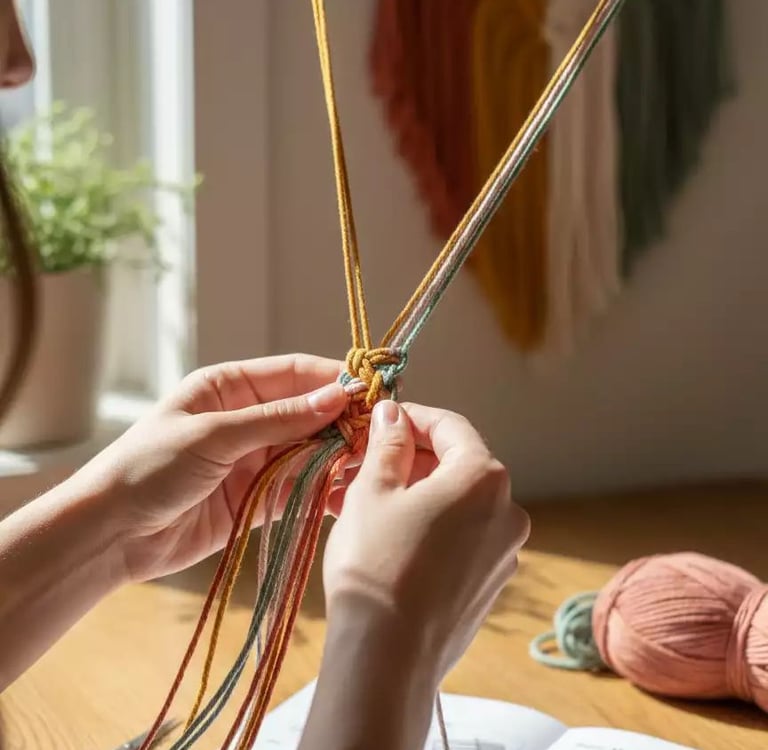nudos de macramé a mano con cordón de algodón de colores