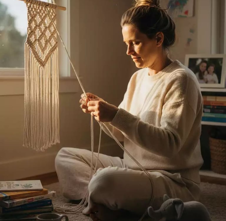 mujer se sienta en el suelo de su casa creando un colgante de pared de macramé