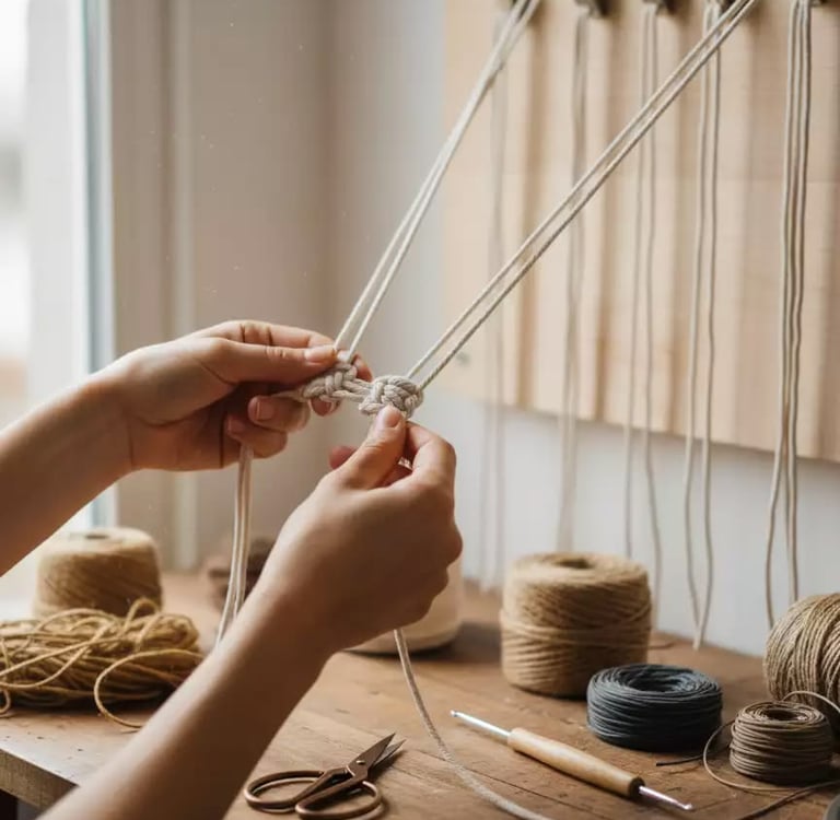 Una persona ata nudos intrincados para un proyecto de macramé