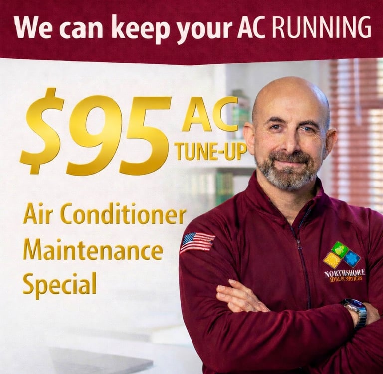 Professional HVAC technician offering a ninety-five dollar AC tune-up and air conditioner maintenance special.