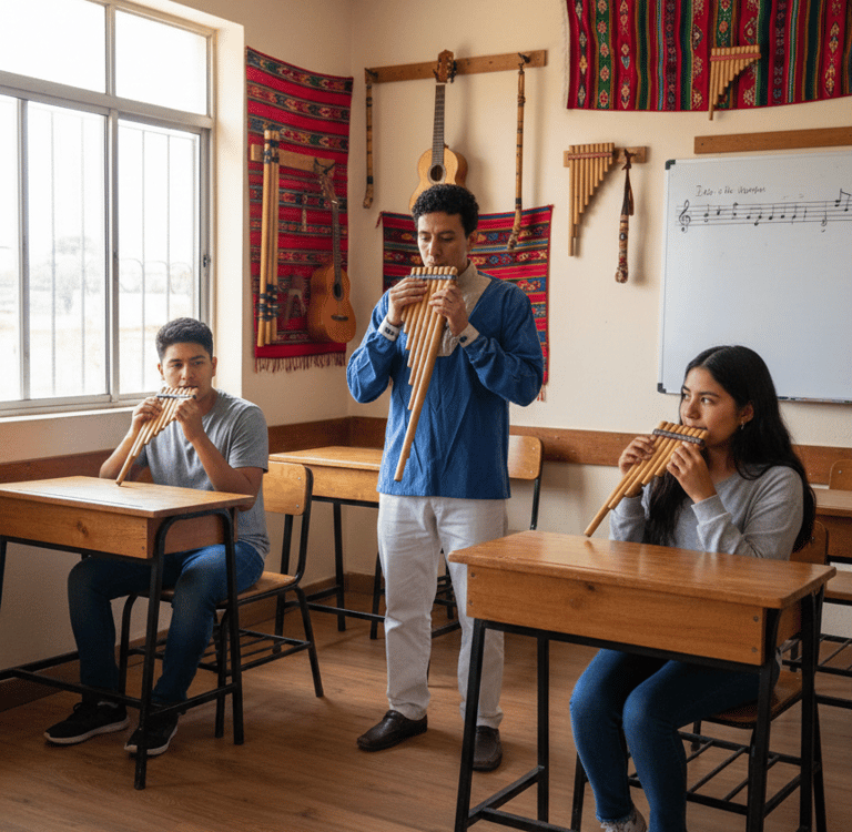 profesor de tecnica de ejecucion de instrumentos andinos con sus alumnos