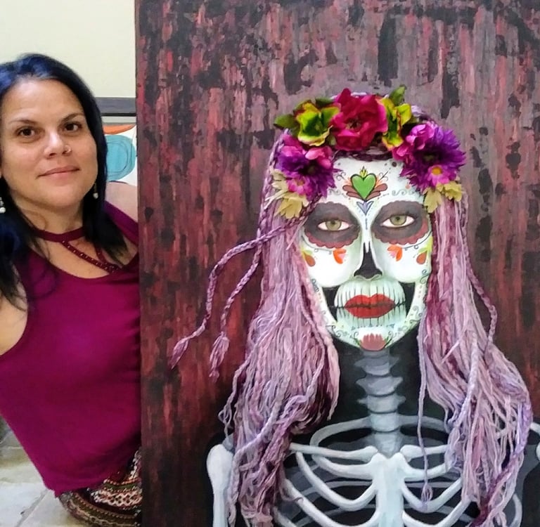 a woman in a red dress and a skeleton with a flower headdress