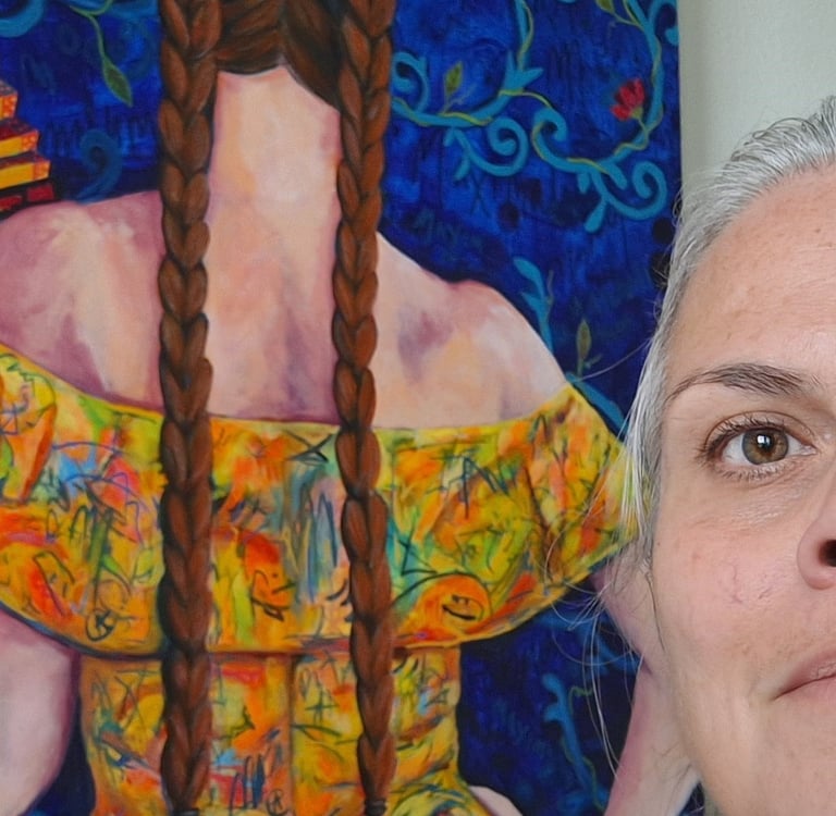 Visual artist Eileen A Art and her painting "Lady with a Fan in a Pollock Dress"