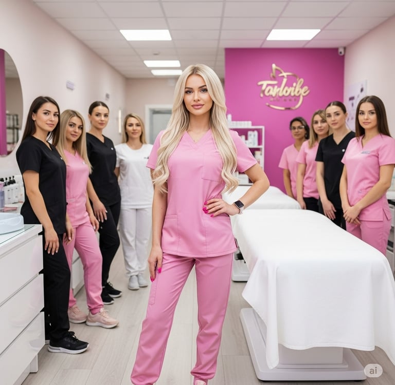 a woman in pink scrubs standing in a room with other beauticians